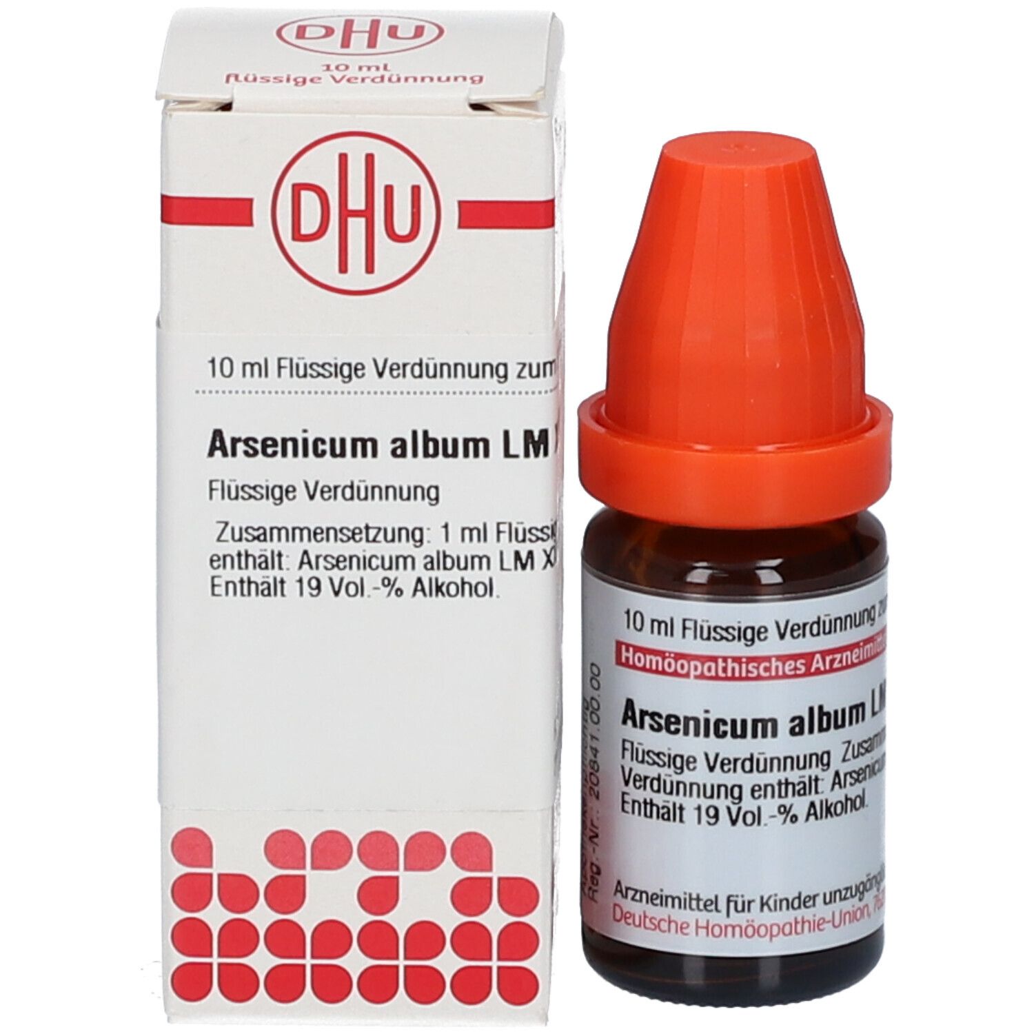 Braune Glasflasche mit orangefarbenem Verschluss neben einer weißen Schachtel. Beschriftung: DHU, Arsenicum album LM.