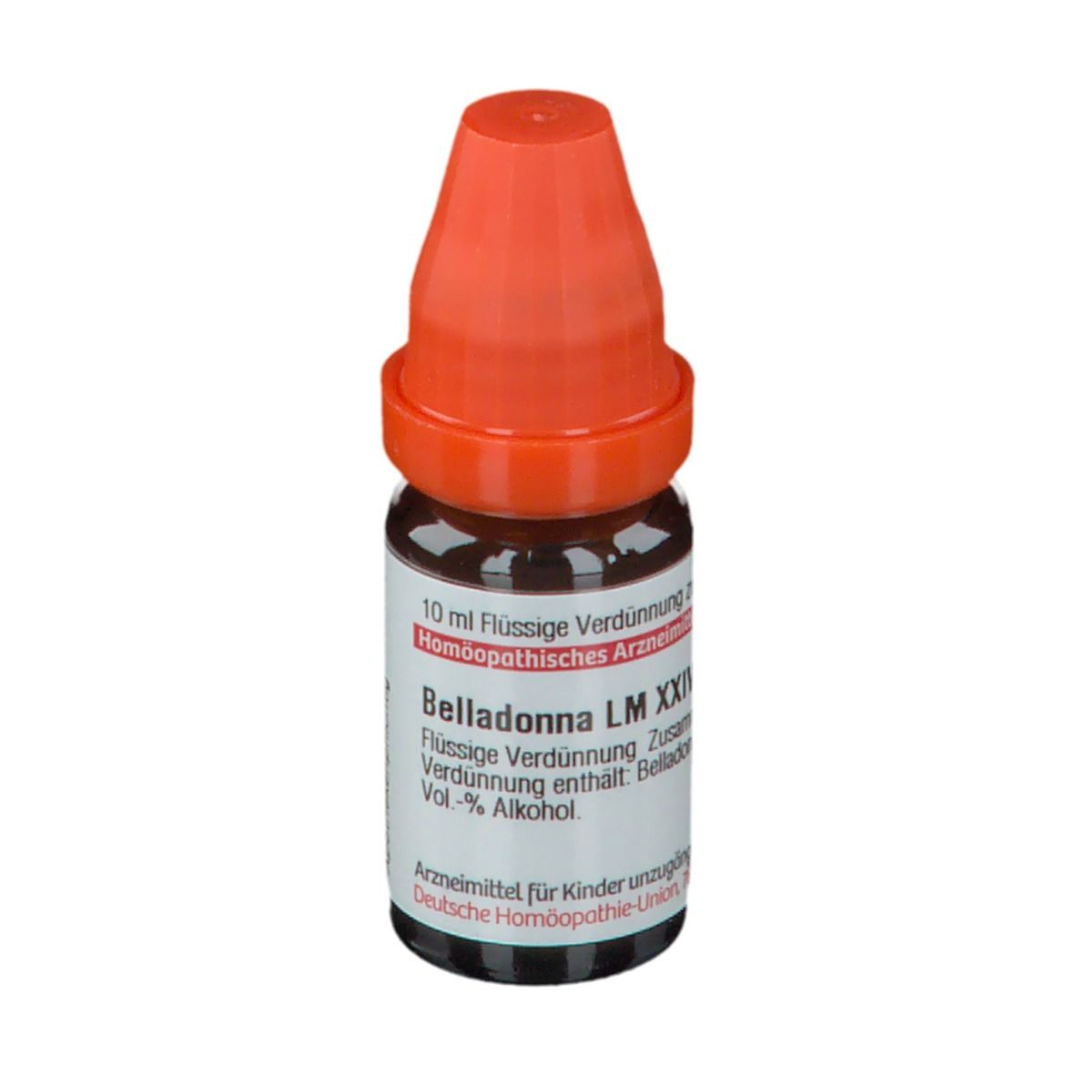 Braune Glasflasche mit orangefarbenem Verschluss. Beschriftung: Belladonna LM XXIV, 10 ml Flüssige Verdünnung.