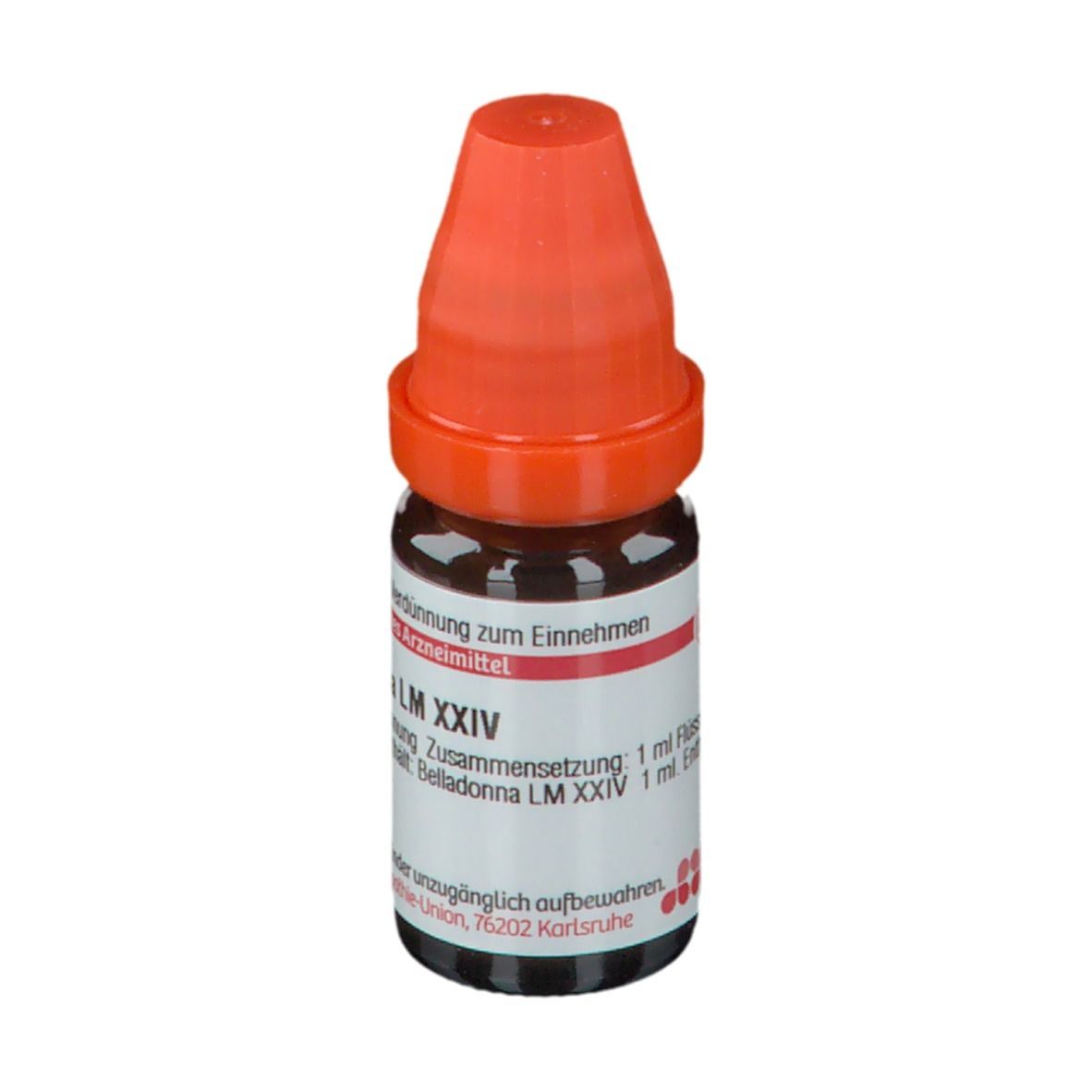 Braune Glasflasche mit orangefarbenem Verschluss. Beschriftung: Belladonna LM XXIV, 10 ml Flüssige Verdünnung.