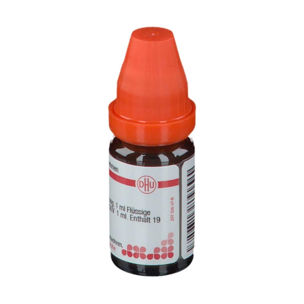 Braune Glasflasche mit orangefarbenem Verschluss. Beschriftung: Belladonna LM XXIV, 10 ml Flüssige Verdünnung.