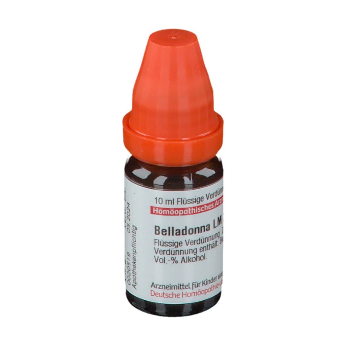 Braune Glasflasche mit orangefarbenem Verschluss. Beschriftung: Belladonna LM XXIV, 10 ml Flüssige Verdünnung.