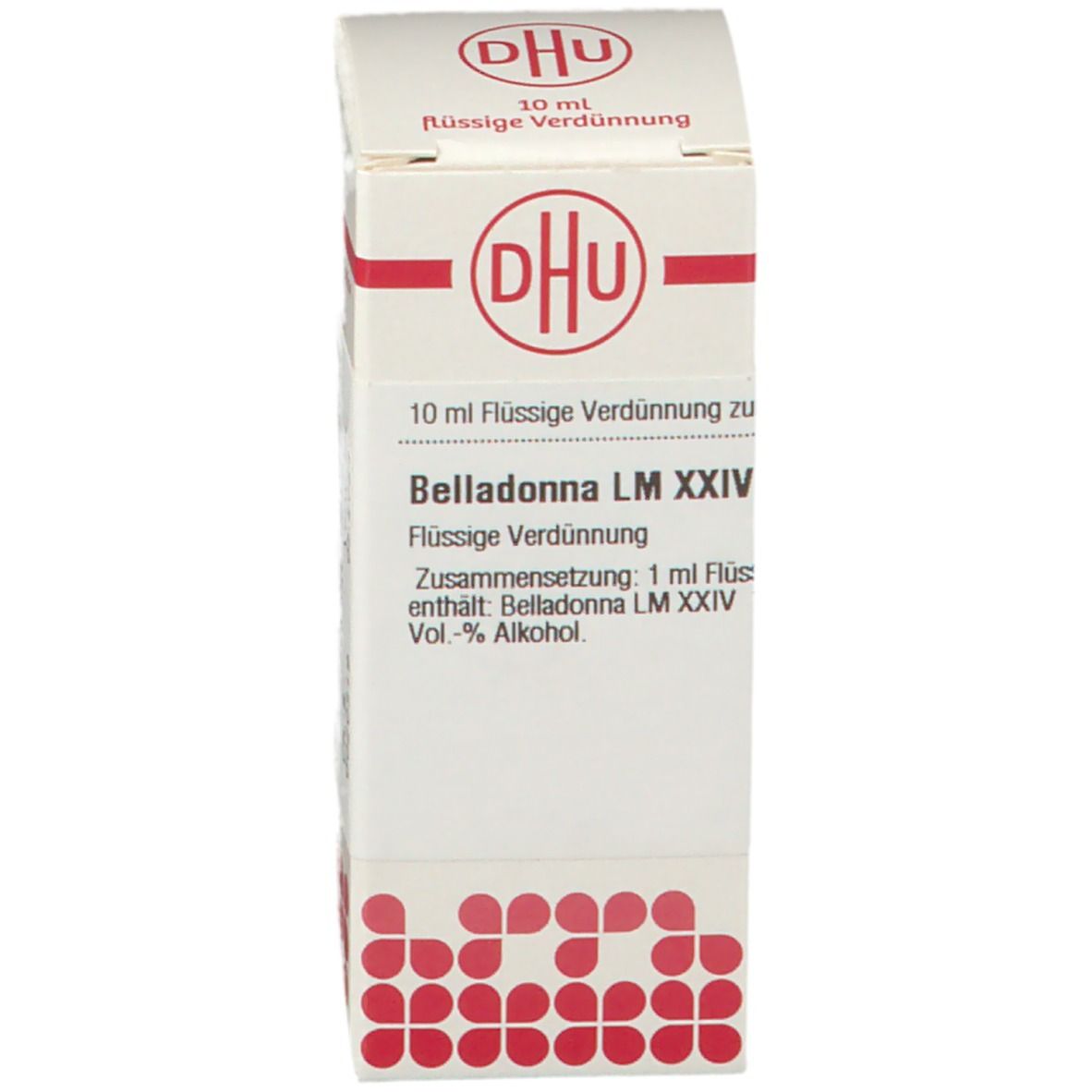 Weißer Karton mit Beschriftung: Belladonna LM XXIV, 10 ml Flüssige Verdünnung.
