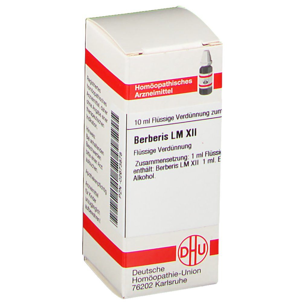 Weiße Faltschachtel mit roter Umrandung. Aufdruck: Berberis LM XII, DHU-Logo, 10 ml Flüssige Verdünnung.