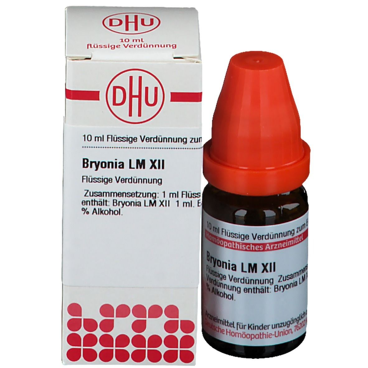 Braune Glasflasche mit rotem Verschluss und weißer Schachtel. Beschriftung: DHU, Bryonia LM XII, 10 ml.