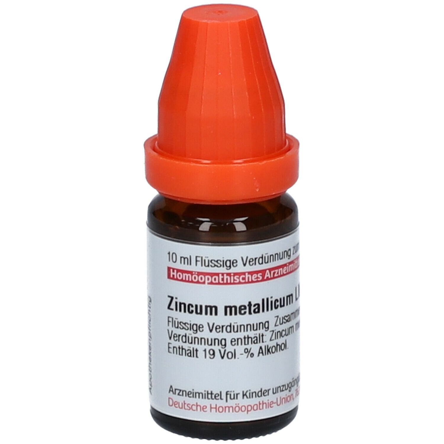 Braune Glasflasche mit orangefarbenem Verschluss. Beschriftung: Zincum metallicum LM XII, 10 ml Flüssige Verdünnung.