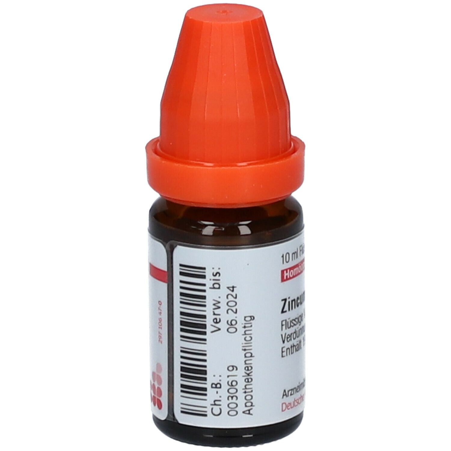 Braune Glasflasche mit orangefarbenem Verschluss. Beschriftung: Zincum metallicum LM XII, 10 ml Flüssige Verdünnung. Verfallsdatum.