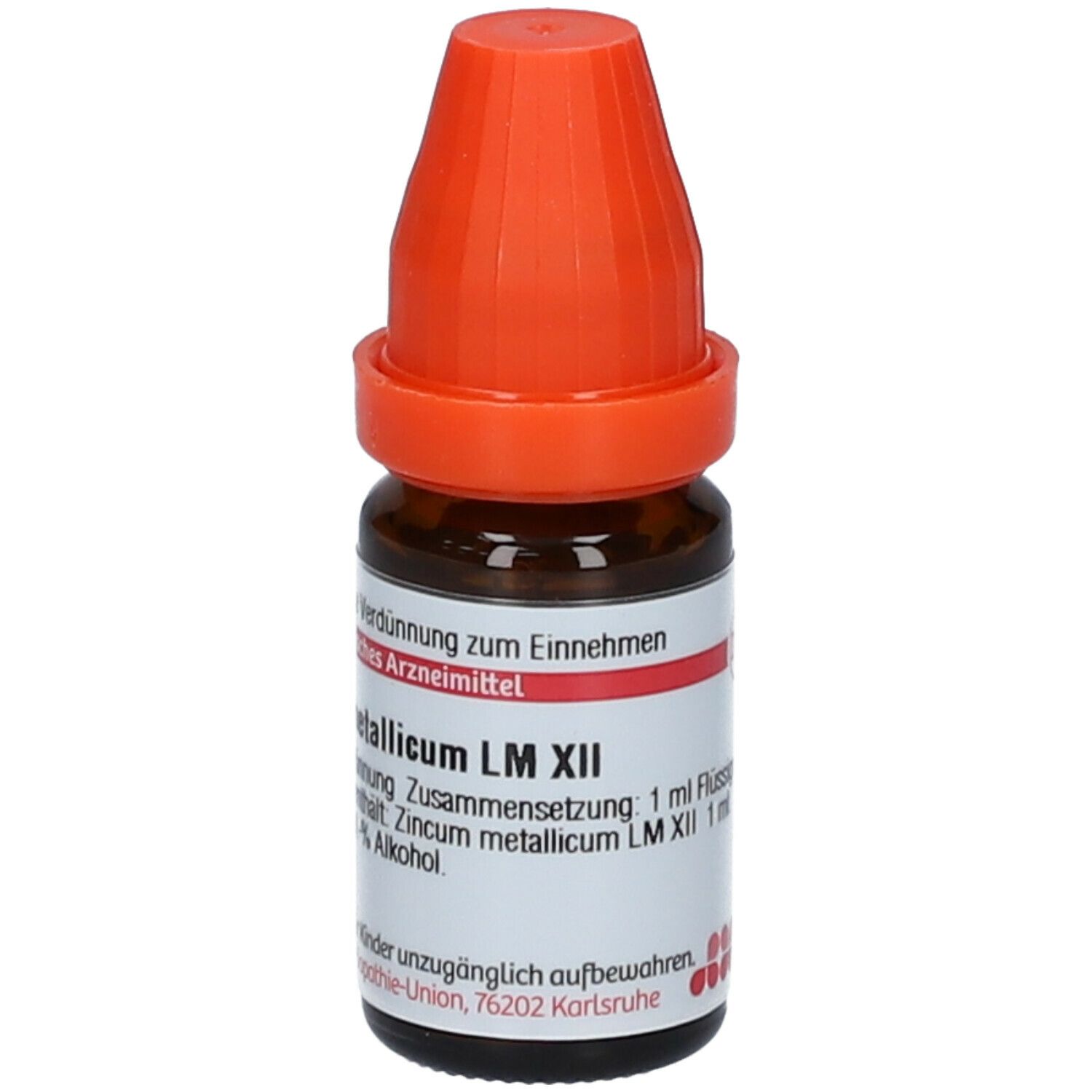 Braune Glasflasche mit orangefarbenem Verschluss. Beschriftung: Zincum metallicum LM XII, 1 ml Flüssige Verdünnung.