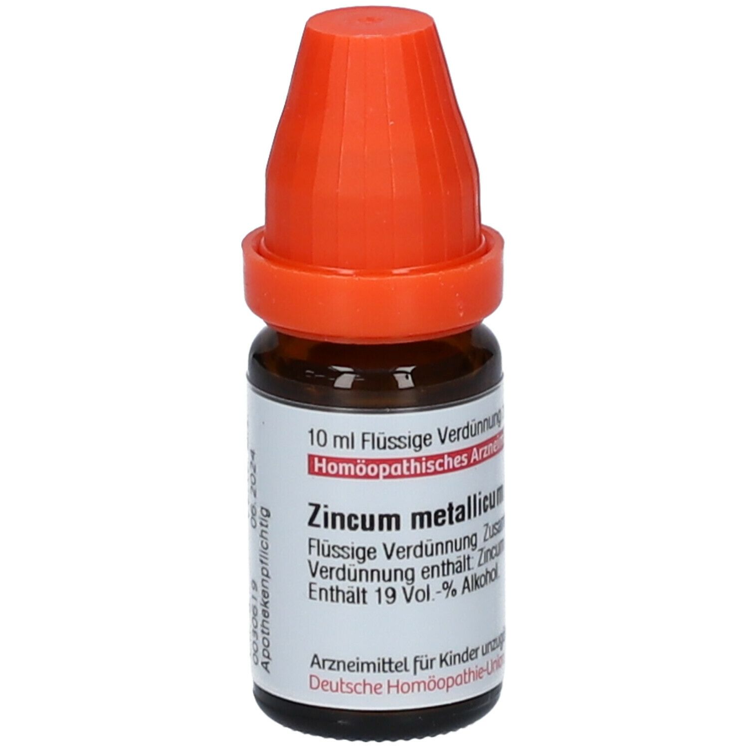 Braune Glasflasche mit orangefarbenem Verschluss. Beschriftung: Zincum metallicum LM XII, 10 ml Flüssige Verdünnung. Apothekenpflichtig.