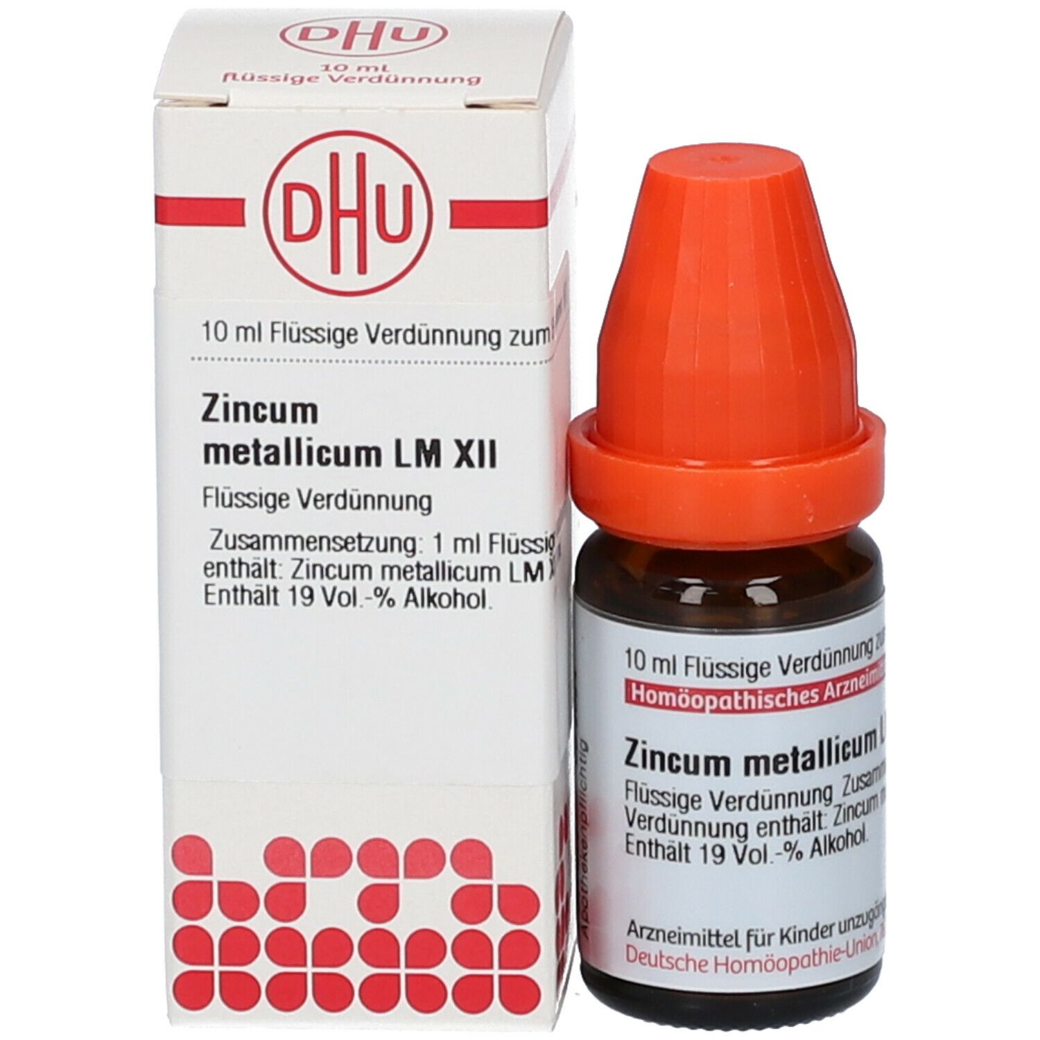 Produktflasche und Verpackung. Flasche: braunes Glas, orangefarbener Verschluss. Verpackung: weiß, rot. Beschriftung: DHU, Zincum metallicum.