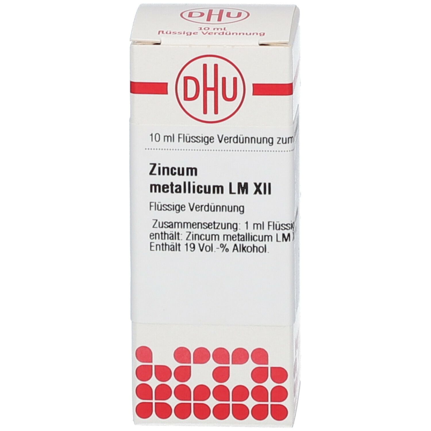 Produktverpackung. Weiß mit roten Akzenten. Beschriftung: DHU, Zincum metallicum LM XII, 10 ml Flüssige Verdünnung.