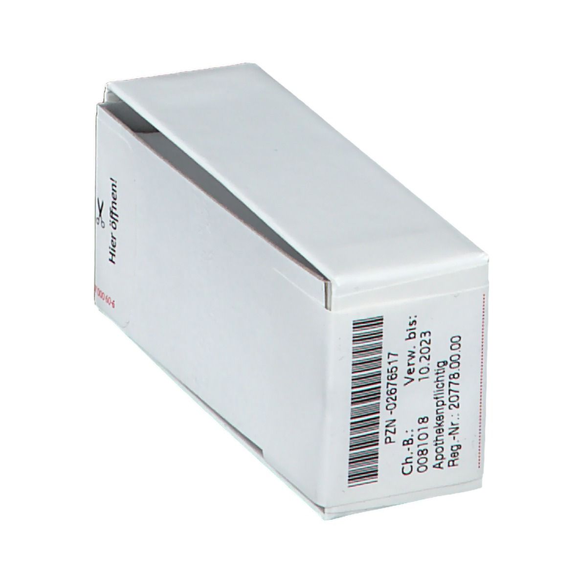 Weiße Schachtel mit Barcode und Aufschrift. Enthält Informationen zur Apothekenpflicht und Verfallsdatum.