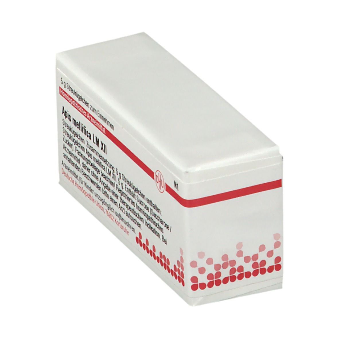 Schräg liegende, weiße Schachtel mit rotem Streifen und DHU-Logo. Text: Apis mellifica LM XII, 5 g Streukügelchen. Apothekenpflichtig.