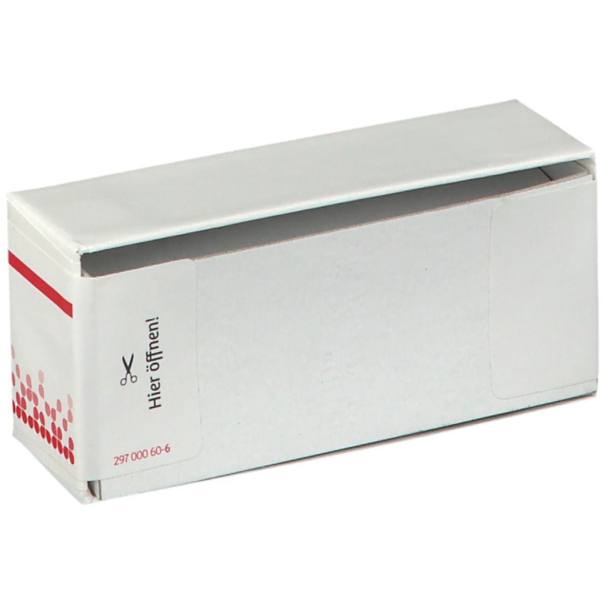 Weiße Schachtel mit rotem Streifen und Aufschrift 'Hier öffnen!'. Apothekenpflichtig. Produkt: Apis mellifica LM XII.