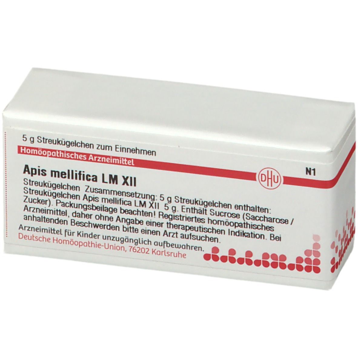 Weiße Schachtel mit roter Schrift und DHU-Logo. Text: Apis mellifica LM XII, 5 g Streukügelchen. Apothekenpflichtig.