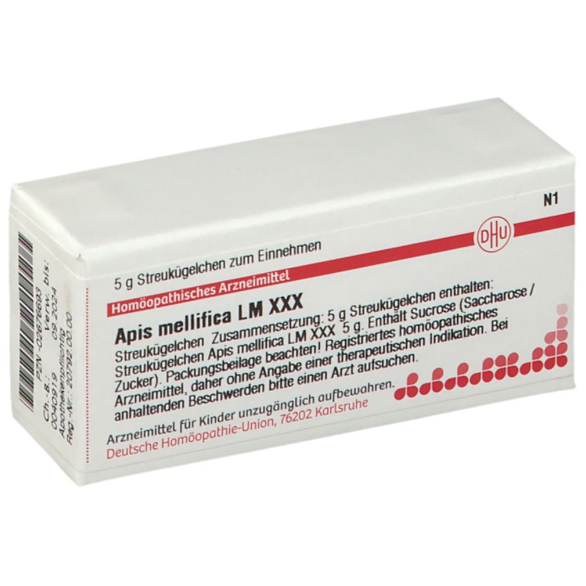 Weiße Schachtel mit roter Schrift. Aufschrift: DHU, Apis mellifica LM XXX. Homöopathisches Arzneimittel. Enthält Streukügelchen.