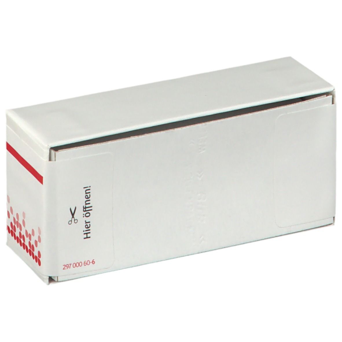 Weiße Schachtel, Ecke mit roter Verzierung. Aufschrift: Hier öffnen! Schachtel mit Klebestreifen verschlossen.