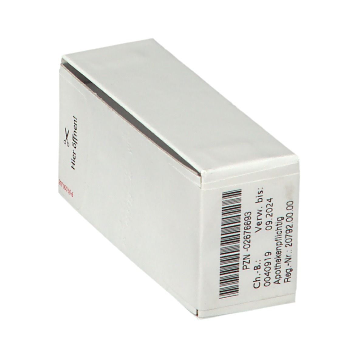 Weiße Schachtel, Ecke mit Barcode und Text. Aufschrift: Apothekenpflichtig. Verwendbar bis 09.2024.