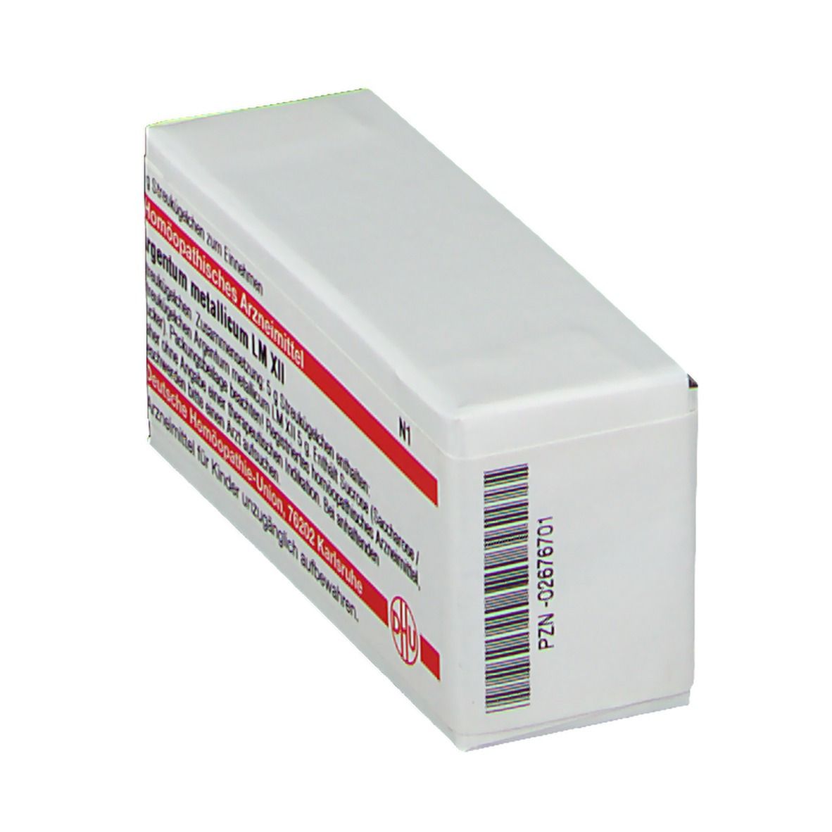 Weiße Schachtel mit roter Schrift und Barcode. Beschriftung: DHU Argentum metallicum LM XII. Logo der Deutschen Homöopathie-Union.