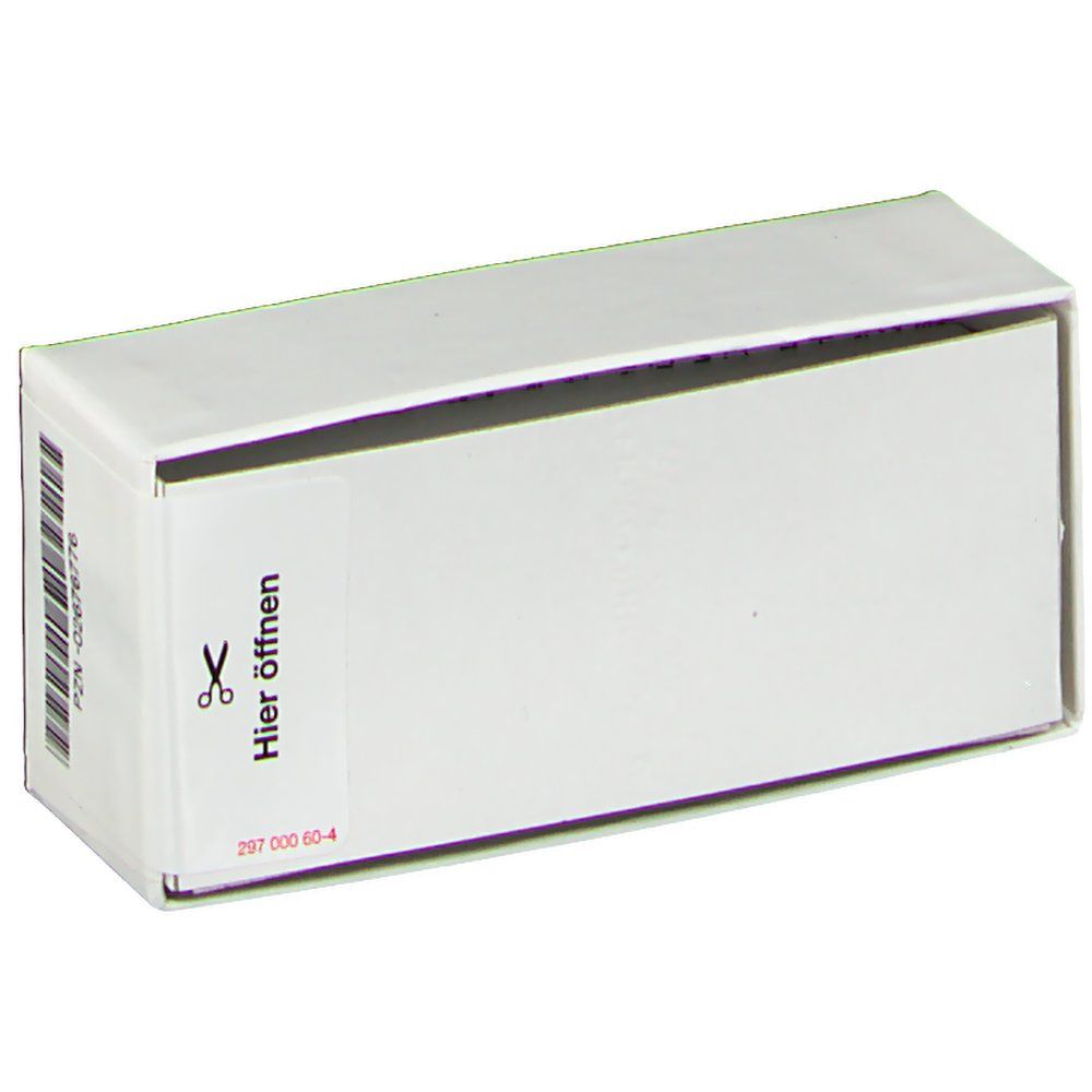 Geöffnete, weiße Arzneimittelverpackung. Aufkleber mit Schere-Symbol und Text: Hier öffnen. Barcode und PZN-02676776.