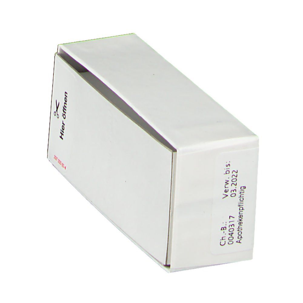 Geöffnete, weiße Arzneimittelverpackung. Aufkleber mit Verfallsdatum und Ch.B.-Nummer. Text: Apothekenpflichtig.