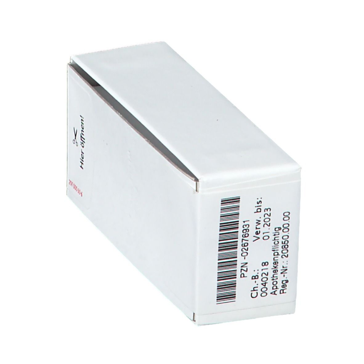 Weiße Schachtel mit Barcode und Aufschrift. PZN, Ch.-B., Verwendbar bis: 01.2023, Apothekenpflichtig.
