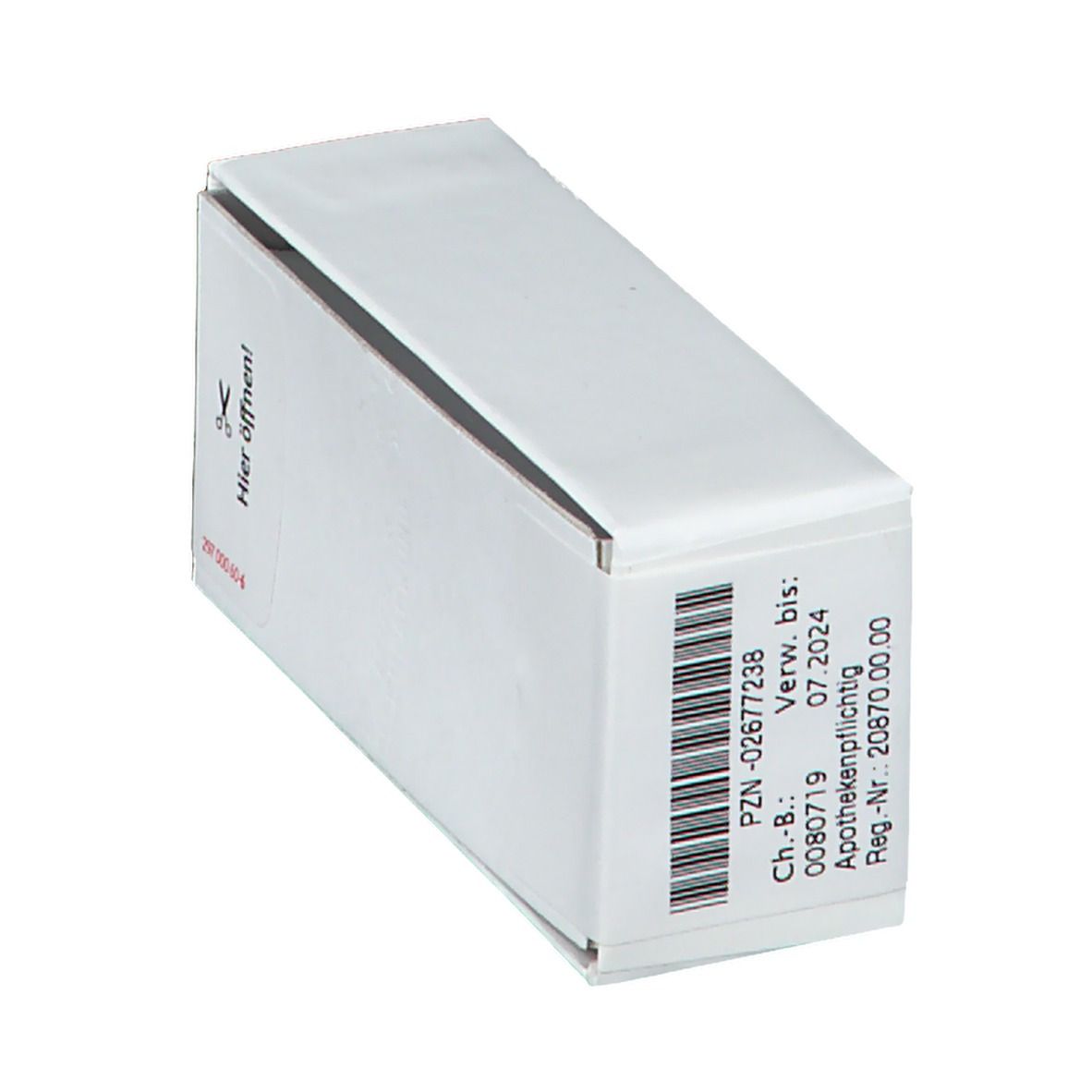 Weiße Schachtel mit Barcode, Verfallsdatum und Apothekenpflichtig-Hinweis. Text: PZN-02677238, Ch.-B. 0080719.