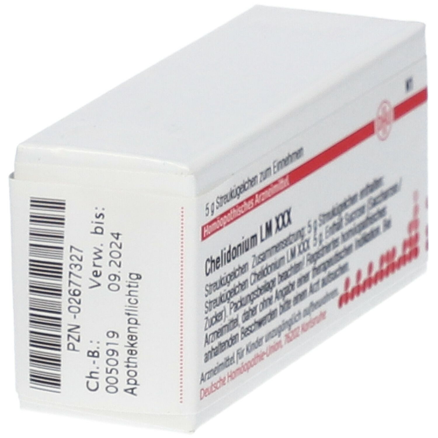 Weiße Schachtel, Seitenansicht. Text: Chelidonium LM XXX, Verwendbar bis 09.2024. Barcode und Apothekenpflichtig.
