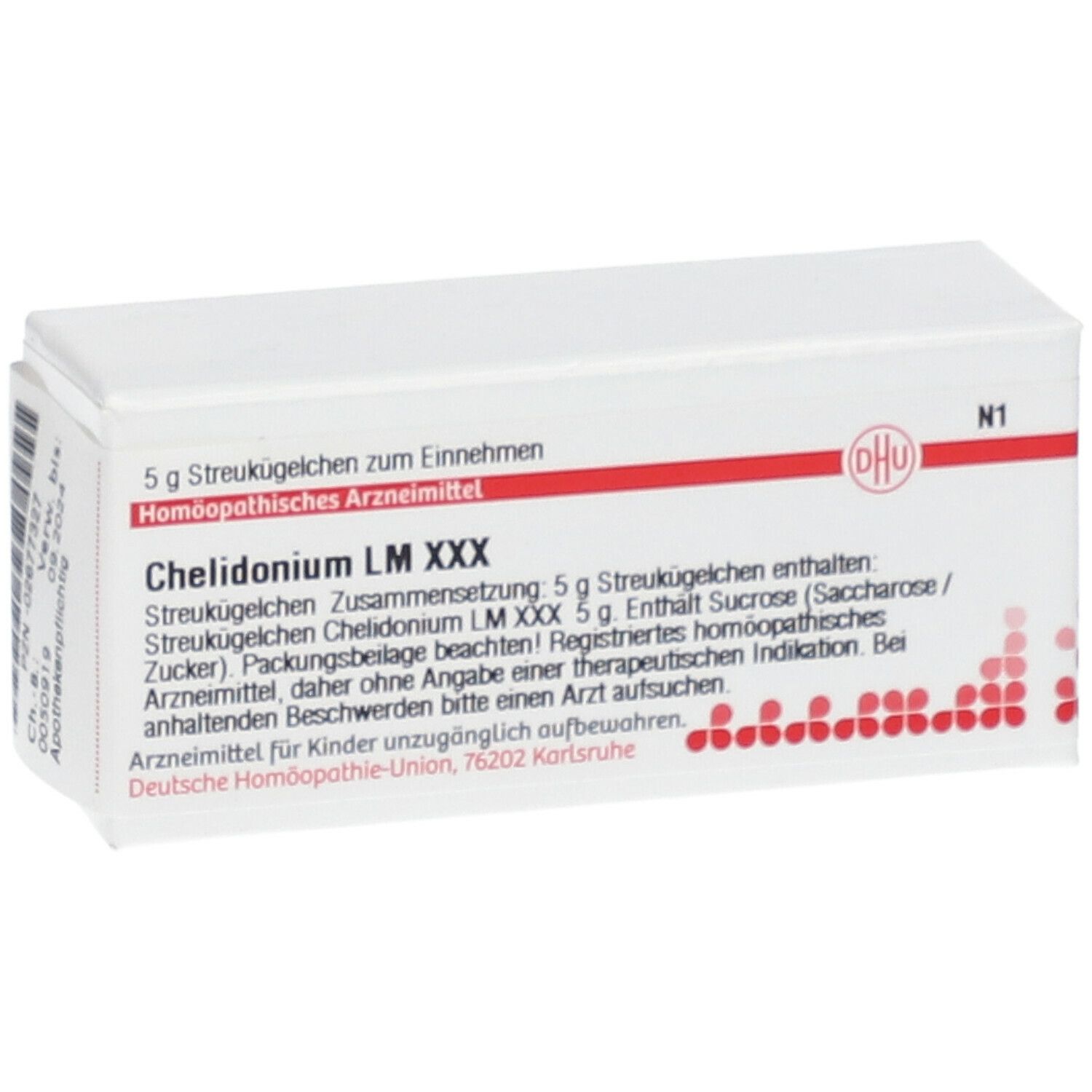 Weiße Schachtel mit roter Schrift und DHU-Logo. Text: Chelidonium LM XXX, 5 g Streukügelchen. N1. Barcode.