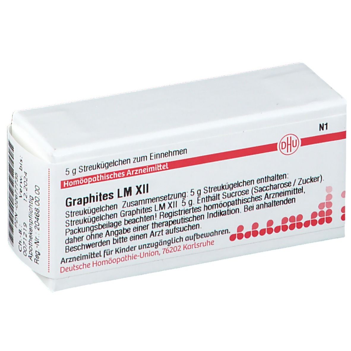 Weiße Arzneimittelverpackung mit roter und schwarzer Schrift. Enthält Graphites LM XII. Aufschrift: DHU, 5 g Streukügelchen.