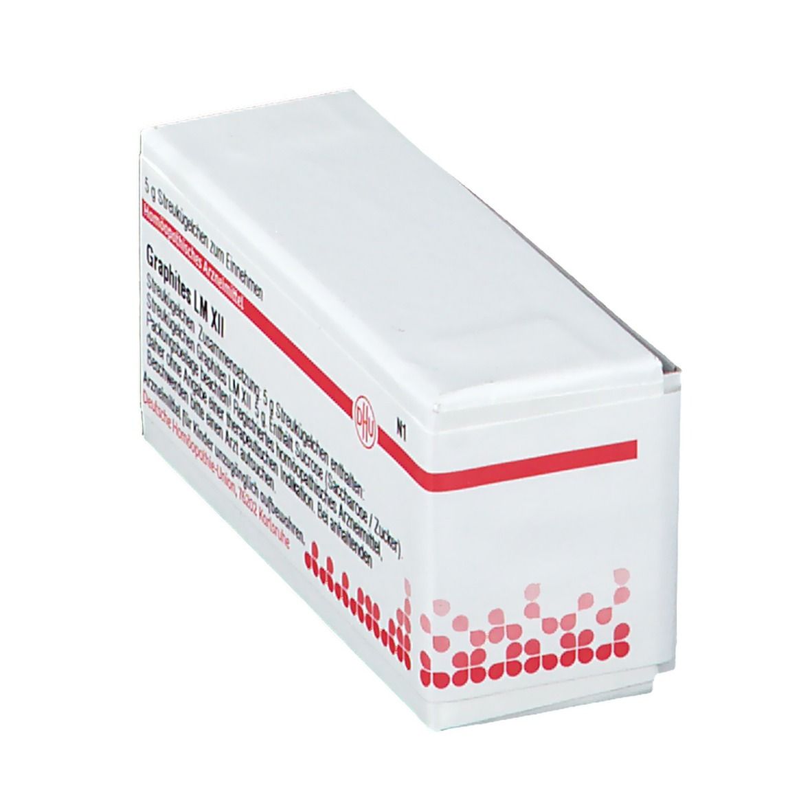Weiße Arzneimittelverpackung mit roter Schrift. Enthält Graphites LM XII. Aufschrift: DHU. Verpackung leicht schräg.