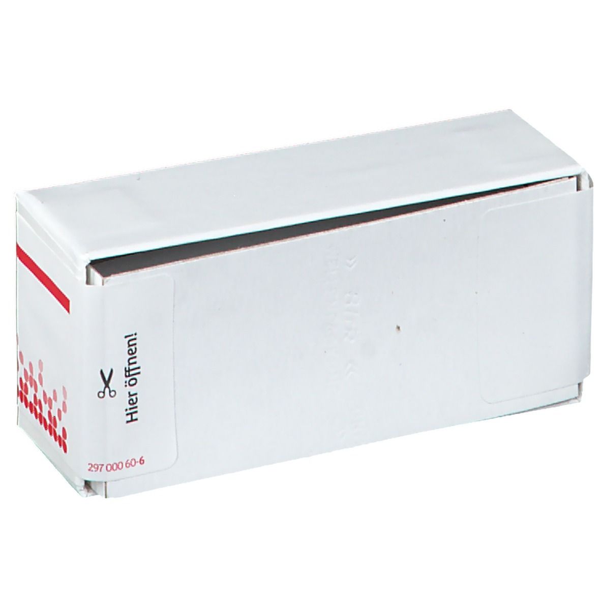 Weiße Arzneimittelverpackung mit roter Schrift. Aufschrift: Hier öffnen! Schere-Symbol. Verpackung geschlossen.