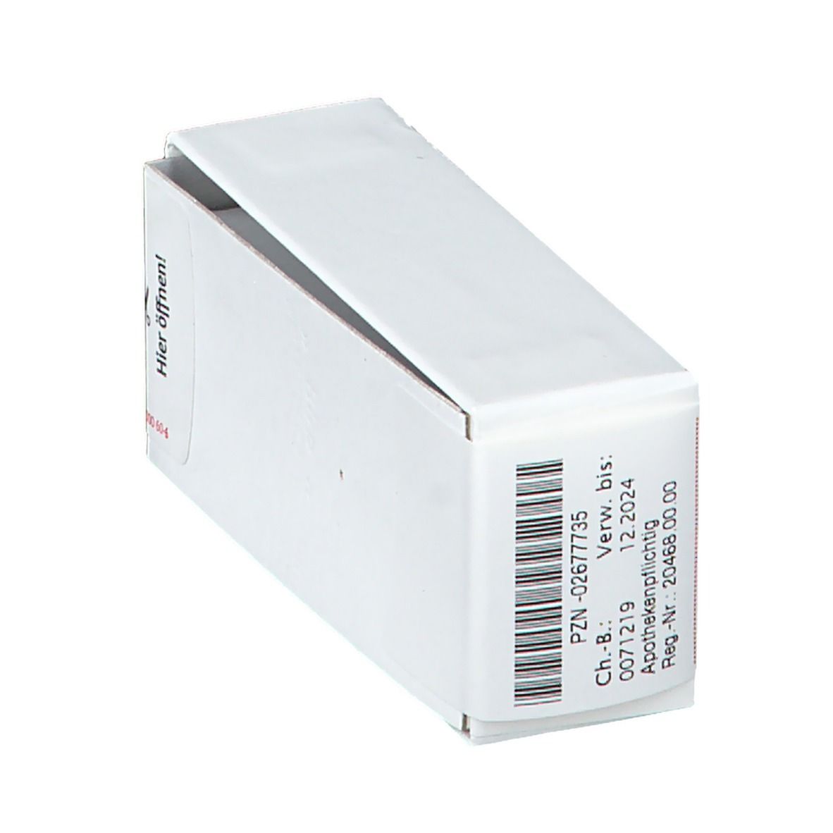 Weiße Arzneimittelverpackung mit roter Schrift. Aufschrift: Hier öffnen! Barcode und Verfallsdatum. Verpackung geschlossen.