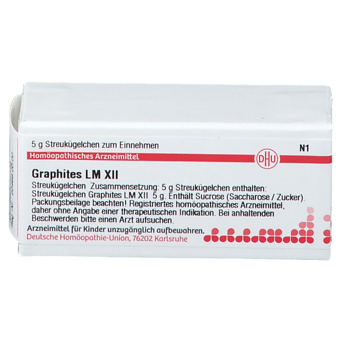 Weiße Arzneimittelverpackung mit roter und schwarzer Schrift. Enthält Graphites LM XII. Aufschrift: DHU, 5 g Streukügelchen.