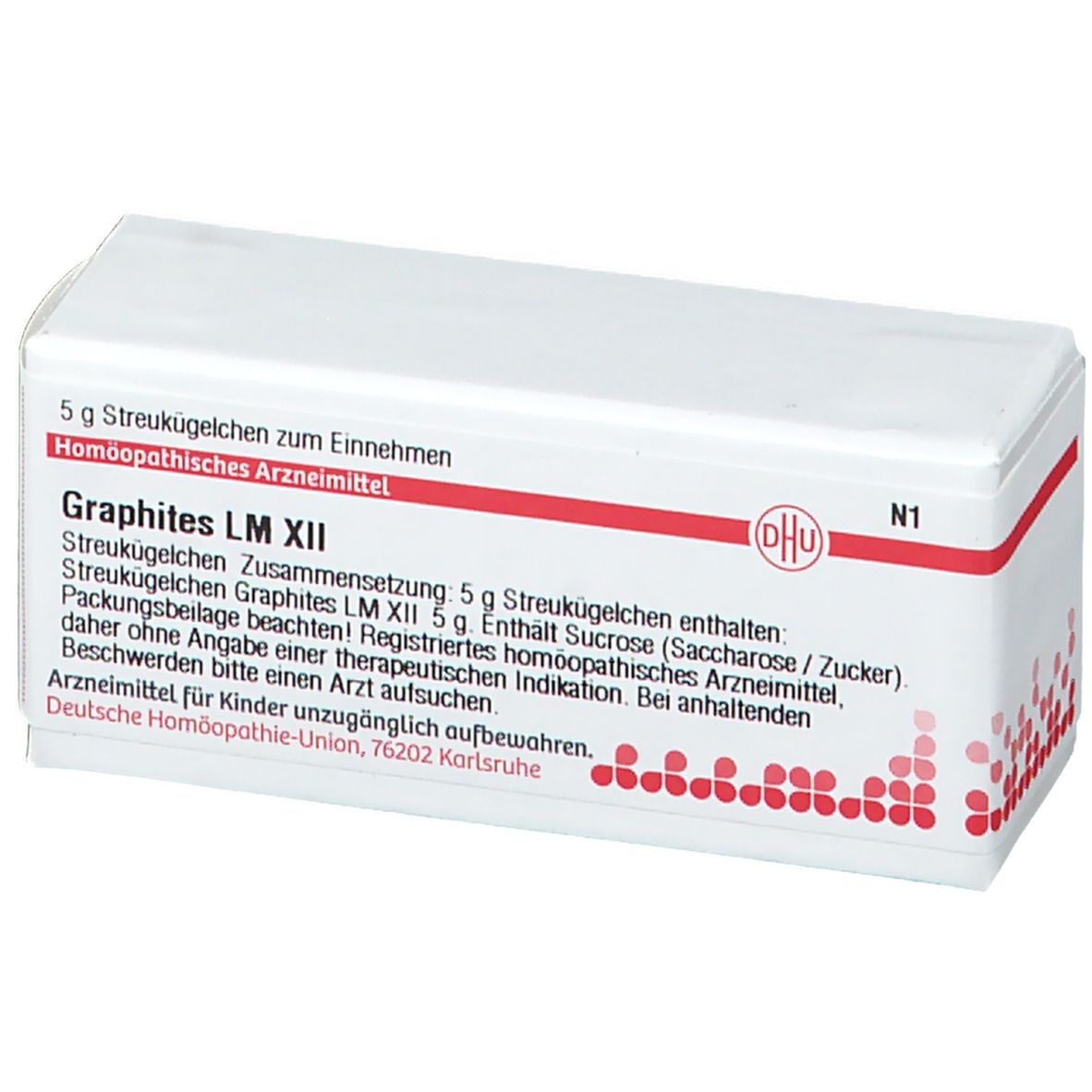 Weiße Arzneimittelverpackung mit roter und schwarzer Schrift. Enthält Graphites LM XII. Aufschrift: DHU, 5 g Streukügelchen.