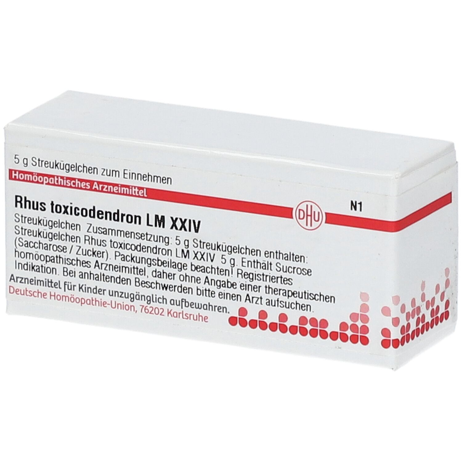Weiße Schachtel mit roter Linie. Beschriftung: Rhus toxicodendron LM XXIV, DHU-Logo, 5 g Streukügelchen.