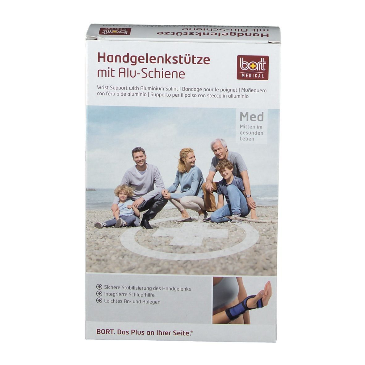 Verpackung der Handgelenkstütze mit Alu-Schiene. Aufdruck: BORT, Handgelenkstütze, Med. Familienfoto.