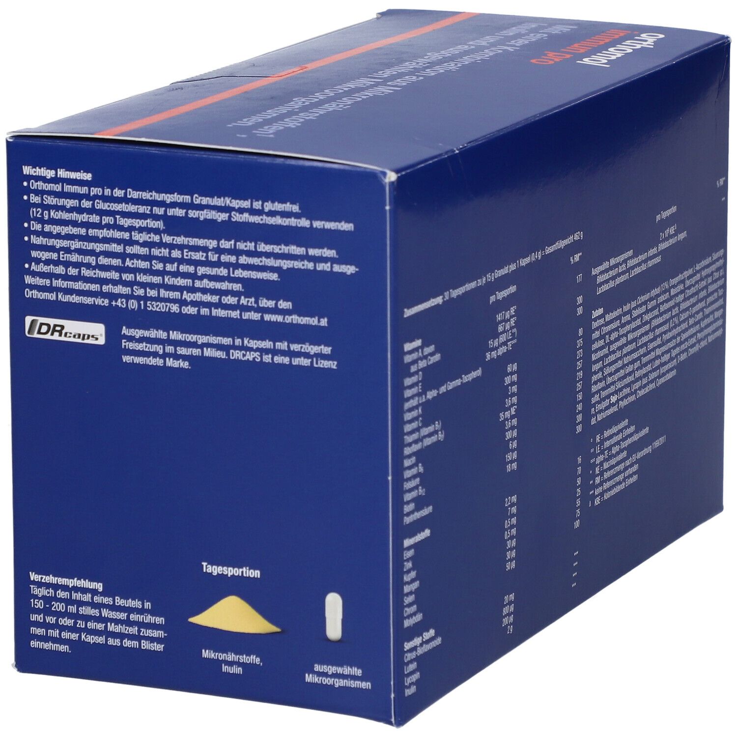 Blau-orange Schachtel mit Produktinformationen und Nährwertangaben. Enthält 30 Tagesportionen. Abbildung von Granulat und Kapsel.