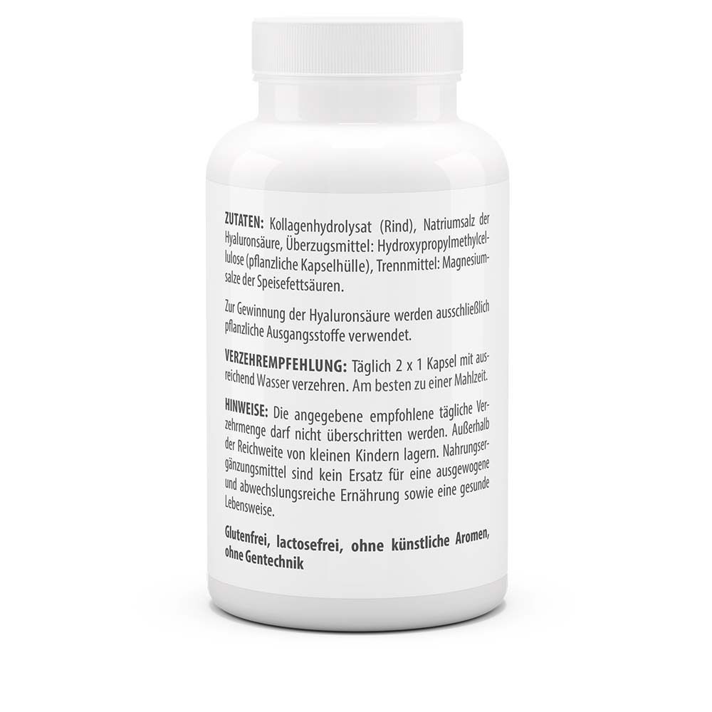 Rückseite der weißen Flasche. Auflistung der Inhaltsstoffe und Verzehrempfehlung. Glutenfrei, laktosefrei.