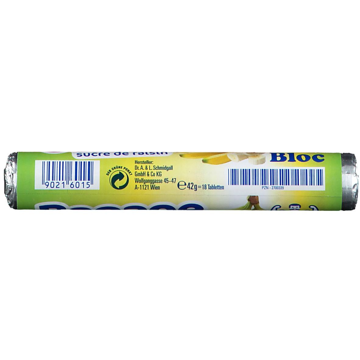 Zuckerrolle mit Bananengeschmack. Grün-weiß Verpackung mit Barcode, Logo und Schriftzug "Bloc".