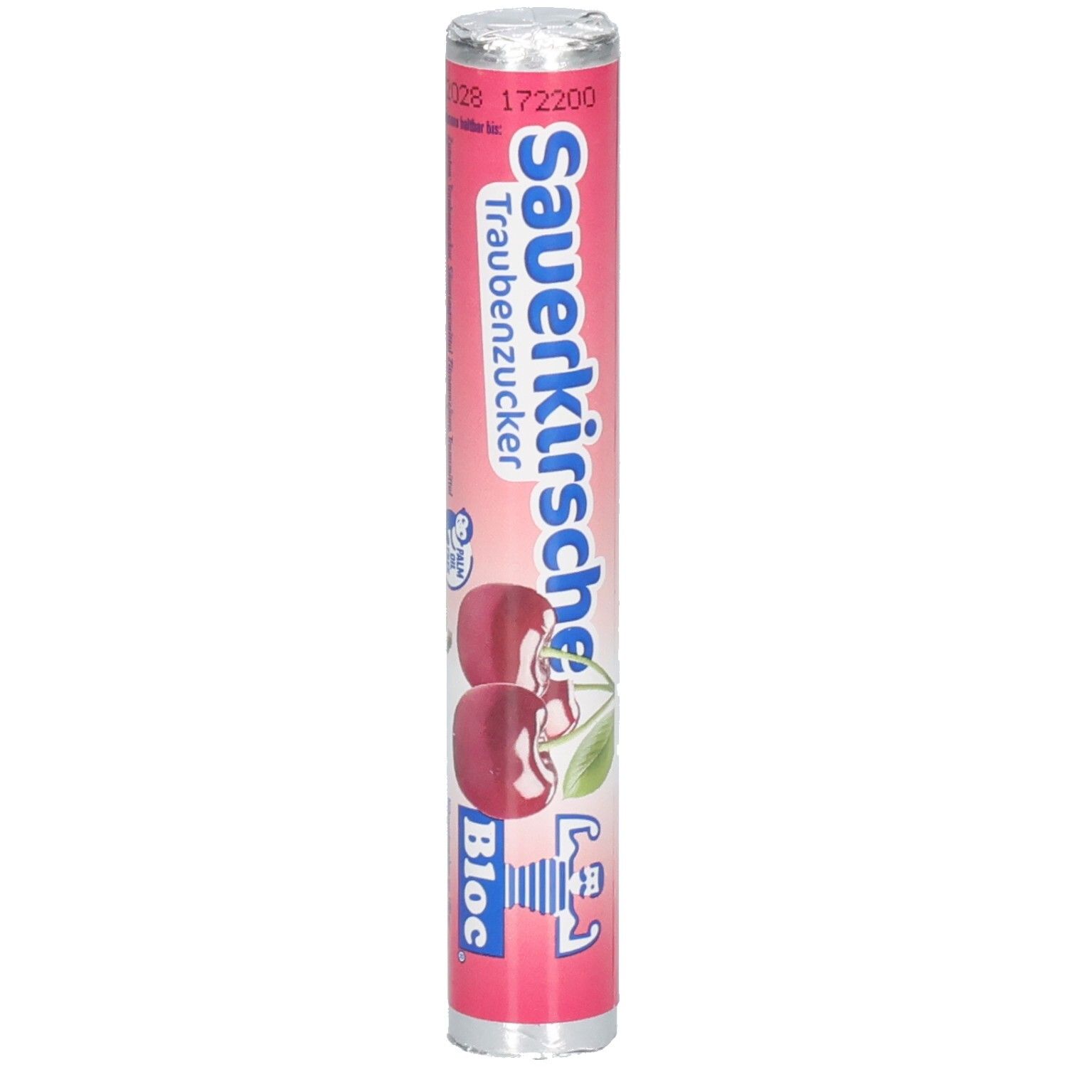 Zylinderförmige Verpackung mit Sauerkirsche Traubenzucker. Pinke Verpackung mit Kirschabbildung und Bloc Logo.