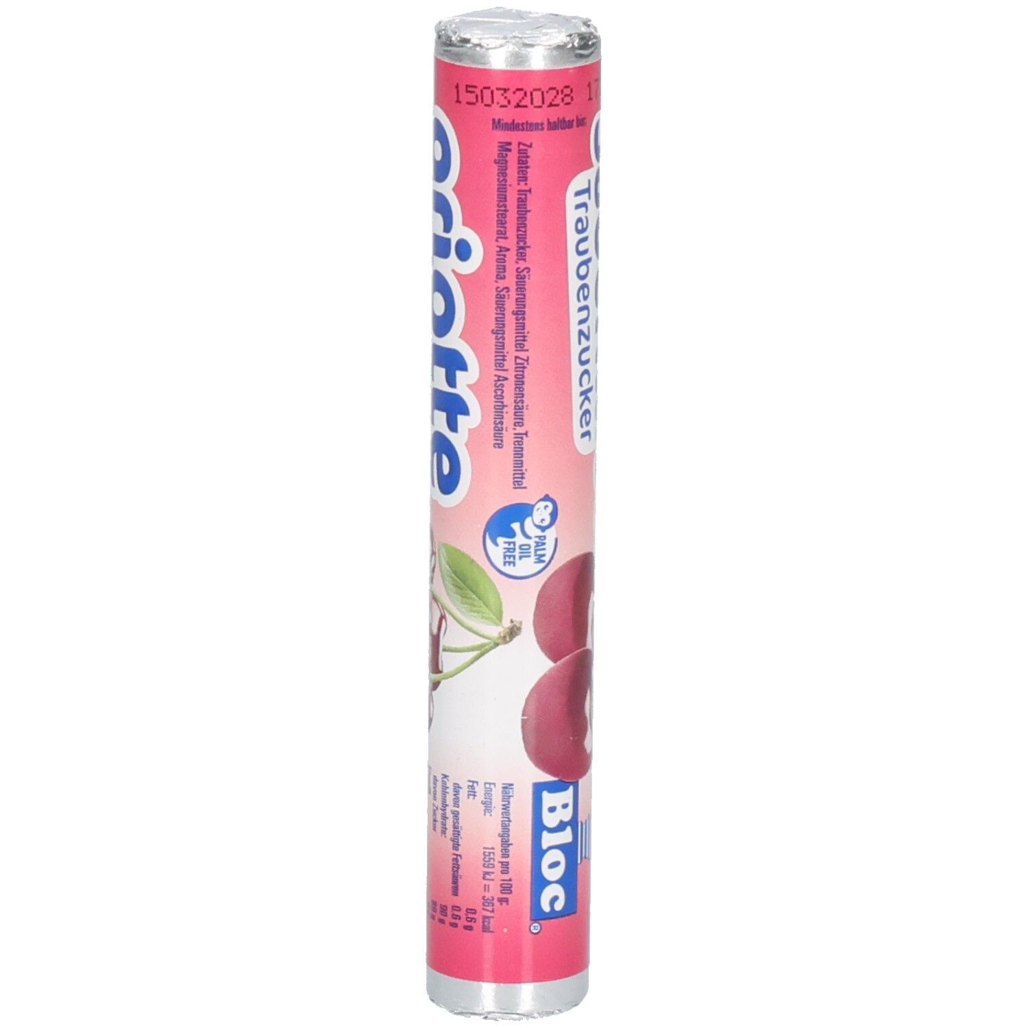 Zylinderförmige Verpackung mit Traubenzucker. Pinke Verpackung mit Kirschabbildung und Bloc Logo. Enthält Informationen.