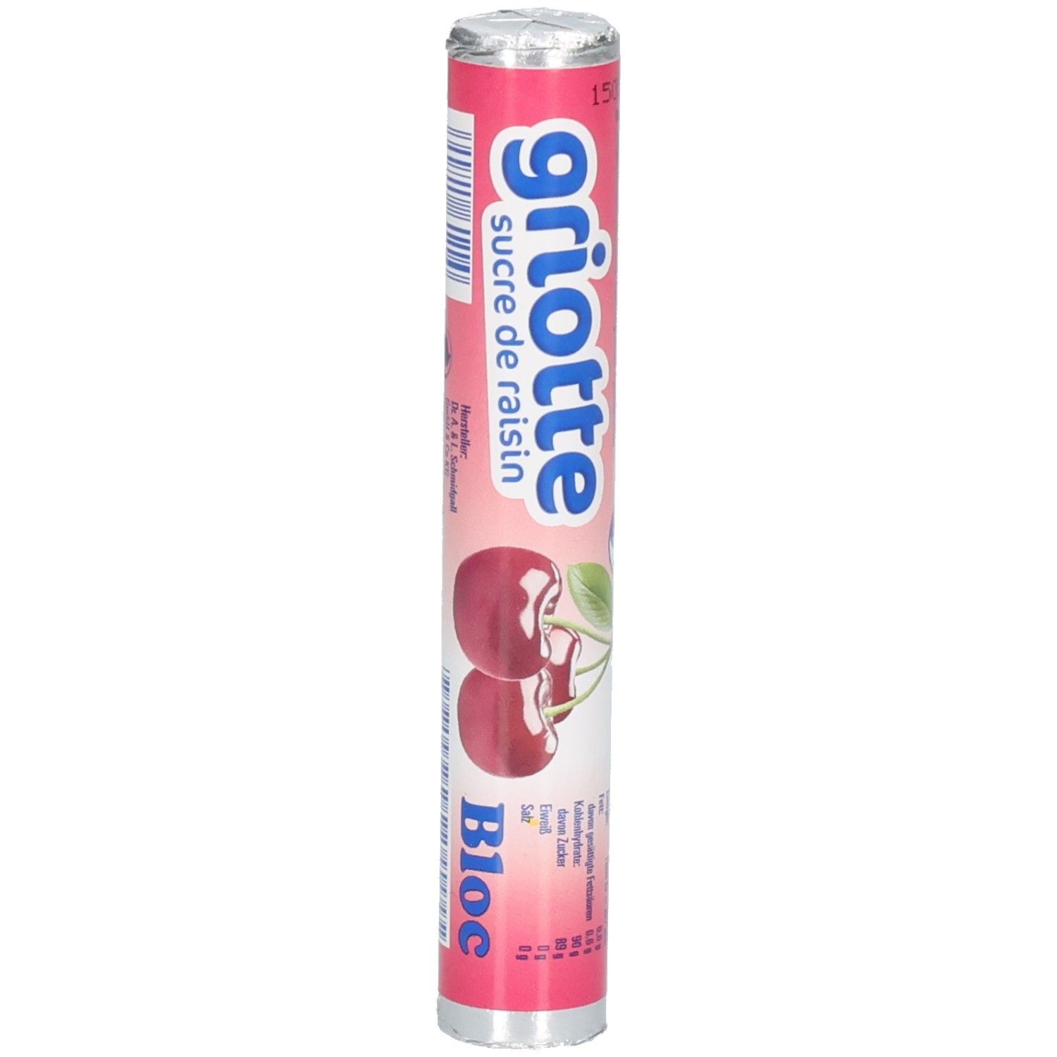 Zylinderförmige Verpackung mit Traubenzucker. Pinke Verpackung mit Kirschabbildung und Bloc Logo. Aufschrift Griotte.