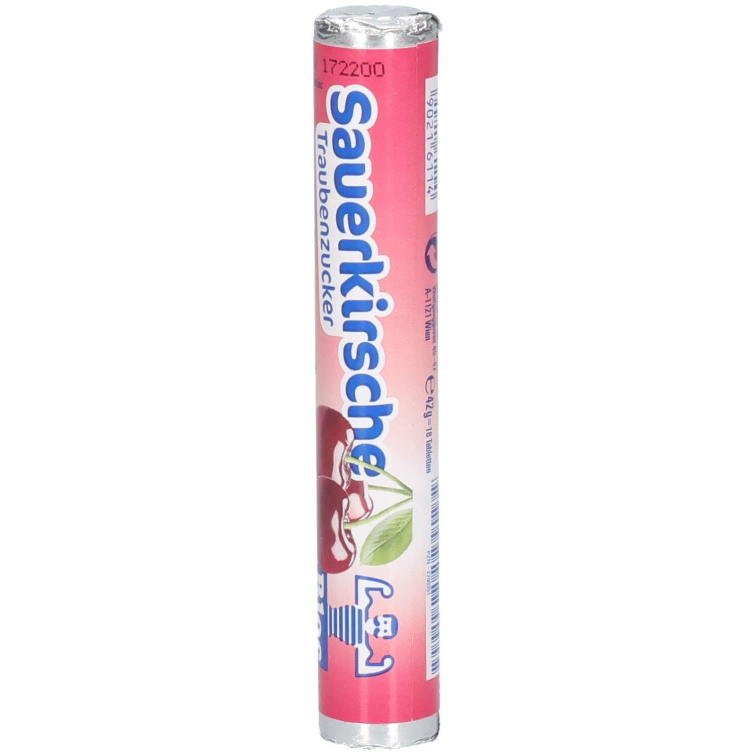 Zylinderförmige Verpackung mit Sauerkirsche Traubenzucker. Pinke Verpackung mit Kirschabbildung und Bloc Logo.