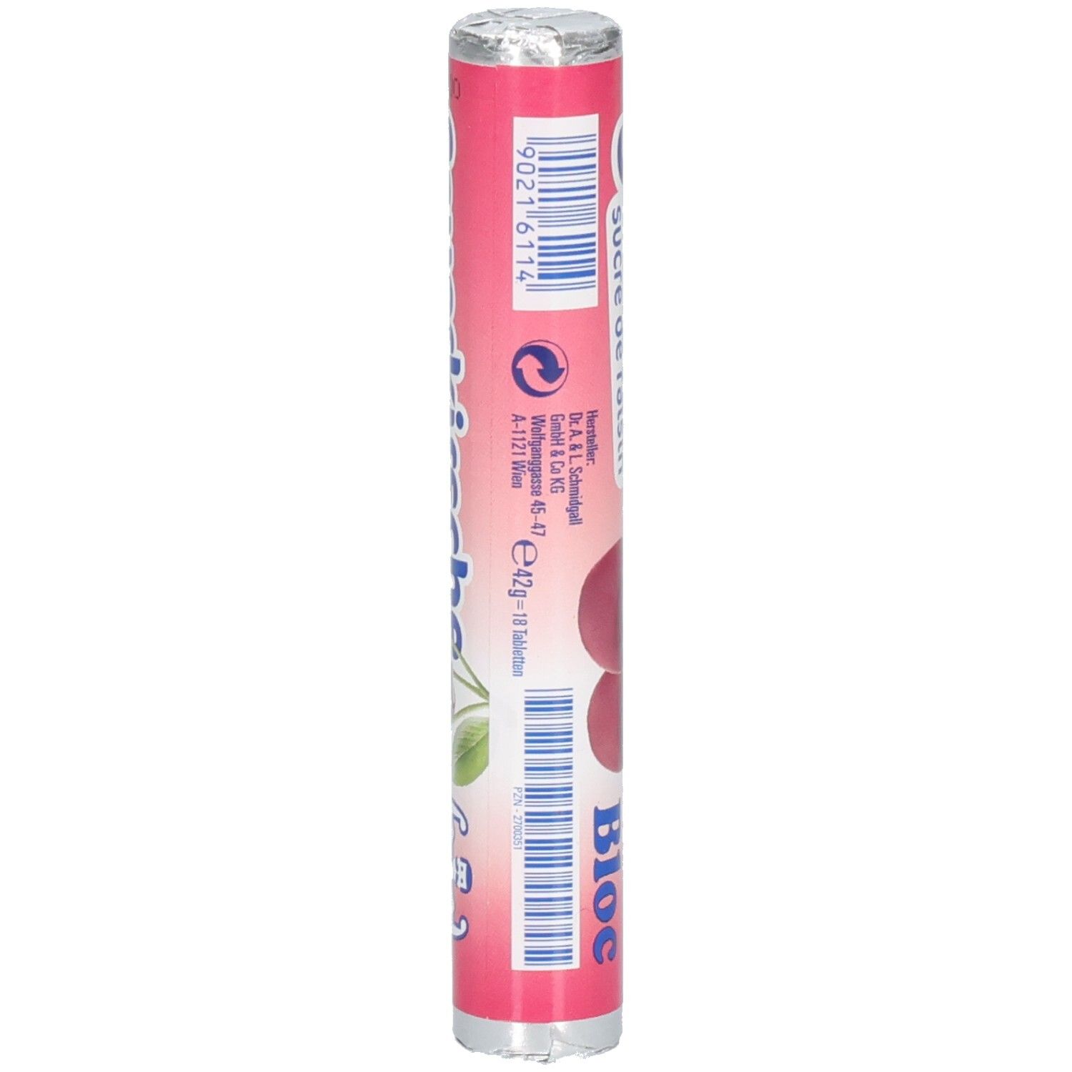 Zylinderförmige Verpackung mit Traubenzucker. Pinke Verpackung mit Kirschabbildung und Bloc Logo. Enthält Informationen.