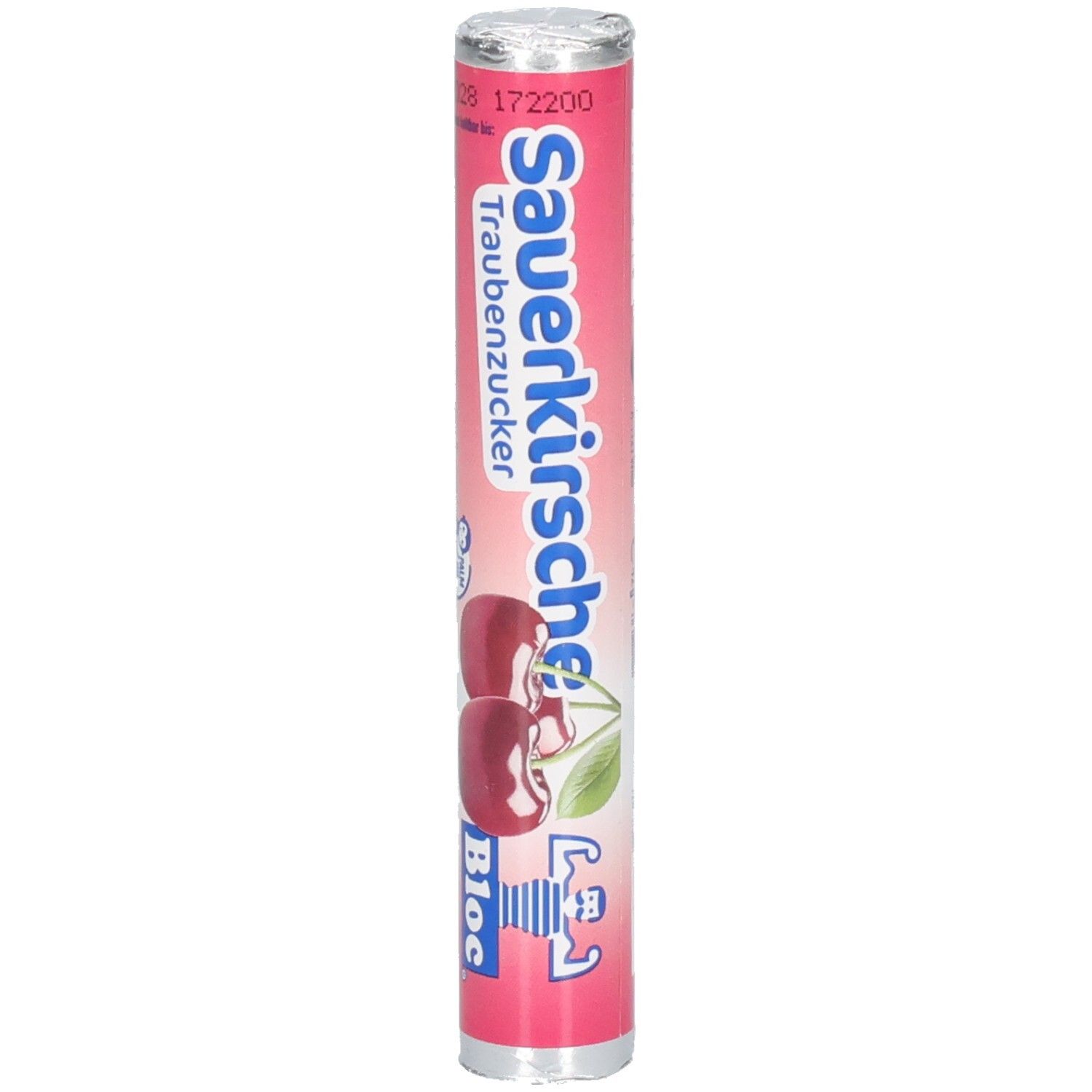 Zylinderförmige Verpackung mit Sauerkirsche Traubenzucker. Pinke Verpackung mit Kirschabbildung und Bloc Logo.