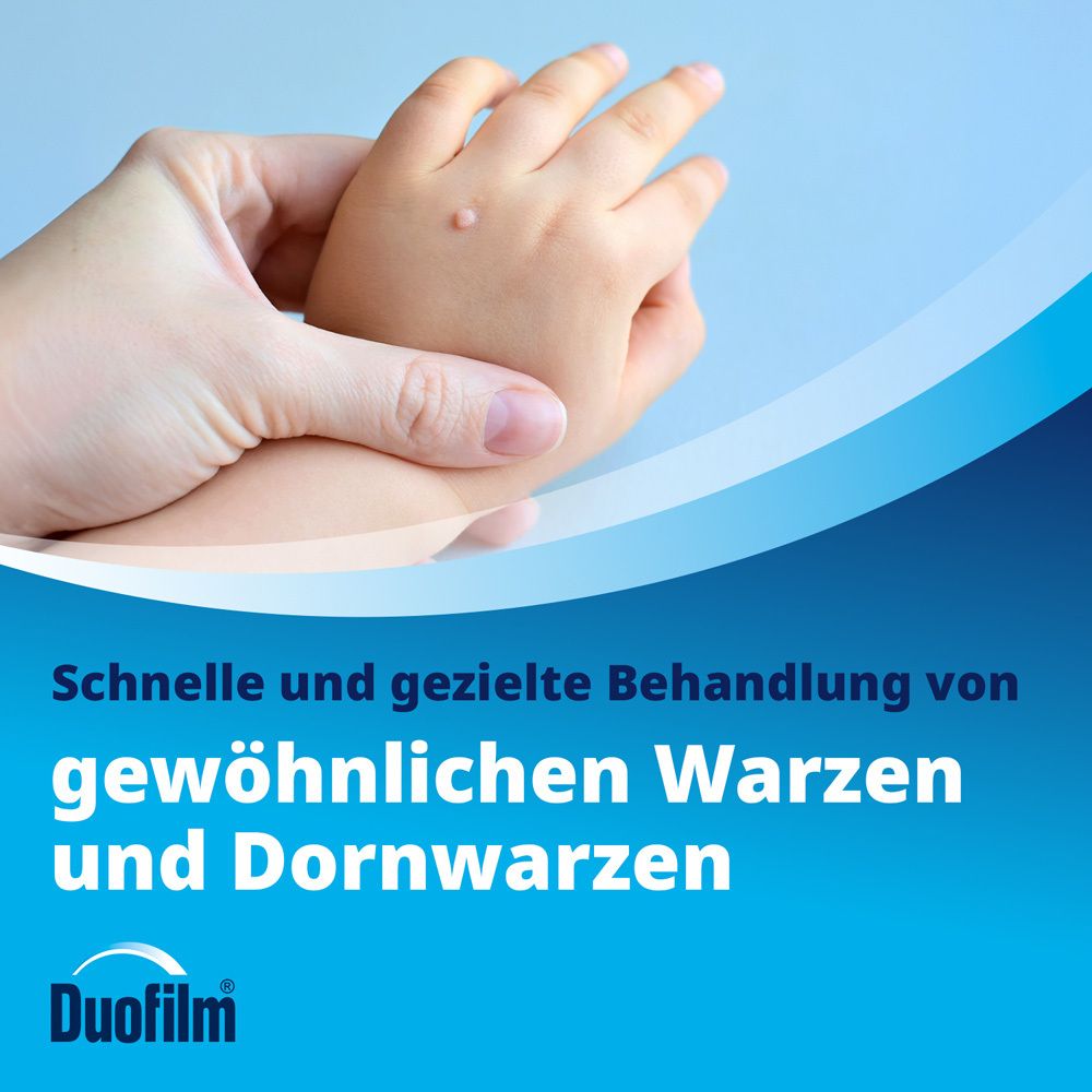 Hand hält Kinderhand mit Warze. Text: Schnelle und gezielte Behandlung von gewöhnlichen Warzen und Dornwarzen. Duofilm.