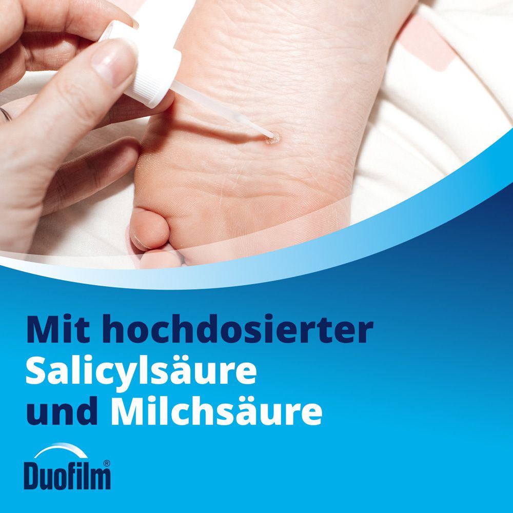 Fuß mit Warze, Tropfer hält Lösung. Text: Mit hochdosierter Salicylsäure und Milchsäure. Duofilm.