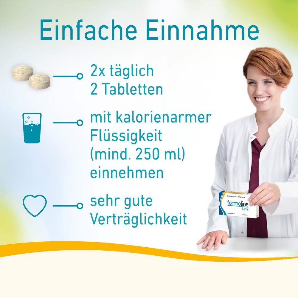 Grafik mit Einnahmehinweisen für formoline L112. 2x täglich 2 Tabletten. Mit kalorienarmer Flüssigkeit.
