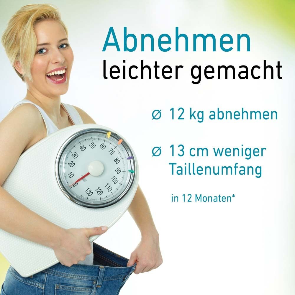 Frau mit Waage und zu großer Hose. Text: Abnehmen leichter gemacht. 12 kg abnehmen, 13 cm weniger Taillenumfang in 12 Monaten.