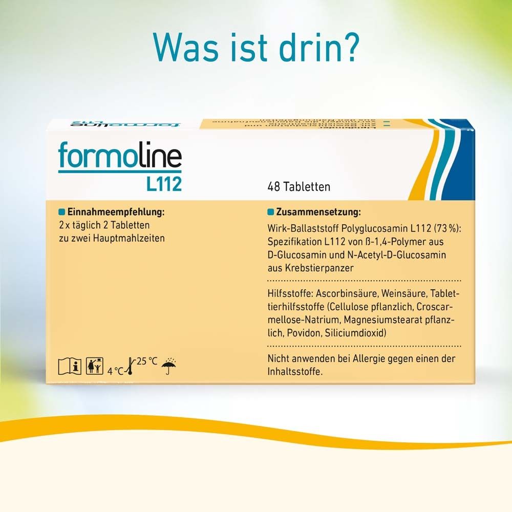 Schachtel formoline L112, 48 Tabletten. Auf der Schachtel steht: Einnahmeempfehlung, Zusammensetzung, Warnhinweise.